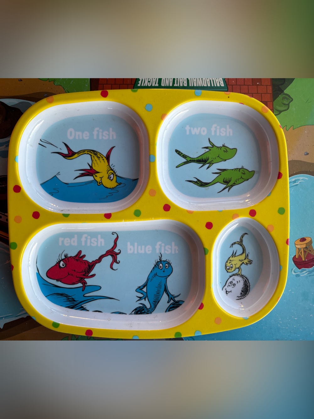 Dr. Seuss Yellow Divided Kids Plate with Multicolor Fish Artwork